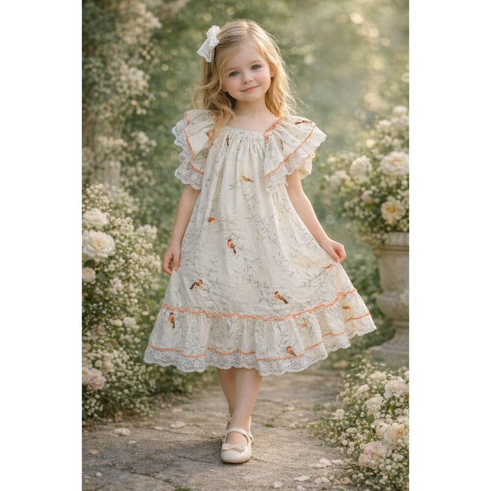 Fox & Heron Dress Bird Print Lace Trim Bow Girls 6 A Line Short Sleeves Comfort